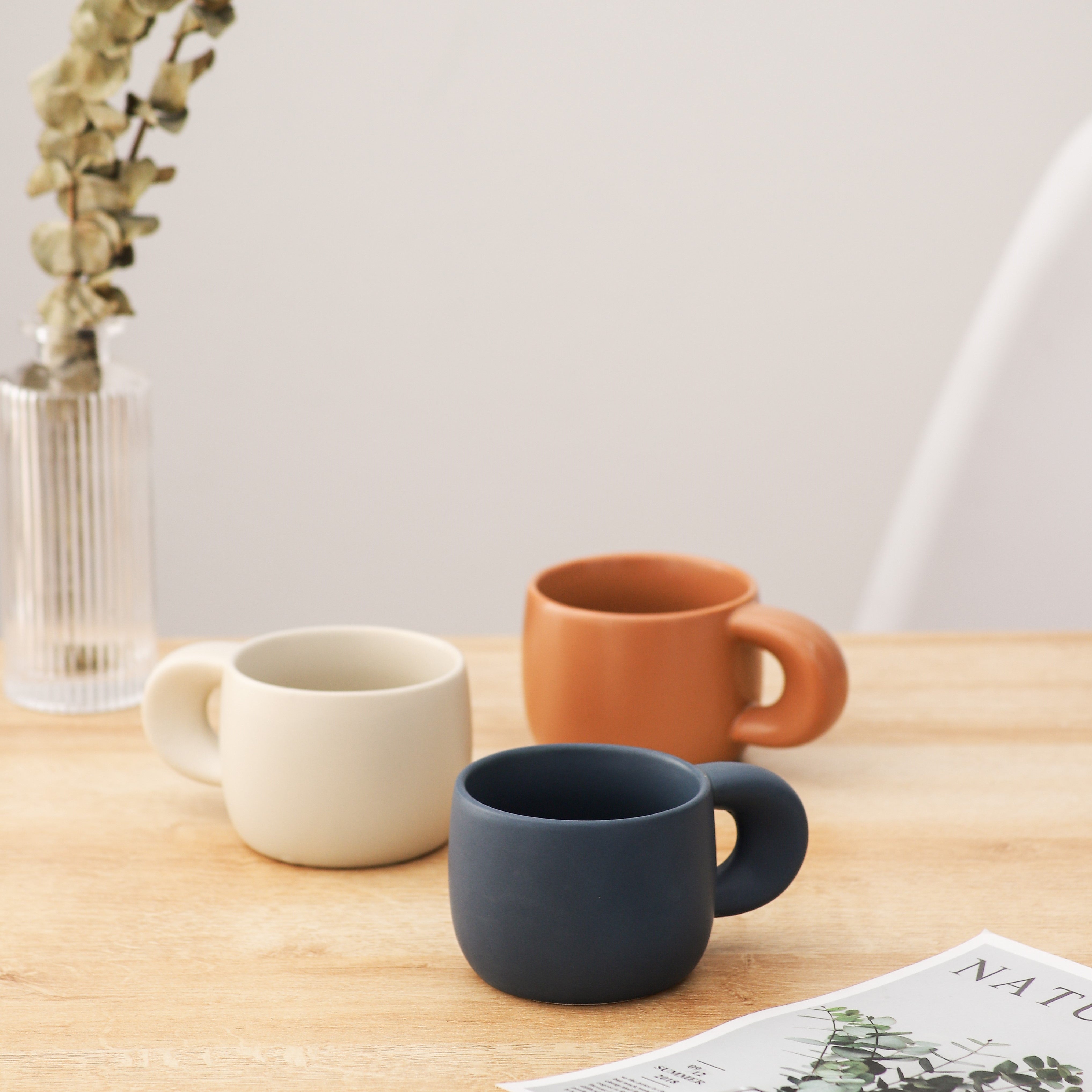 FENN Set of 3 Porcelain Nordic Korean Mug Cup Modern Thick Handle Design Ceramic Coffee Mug 220ml Matte Glazed