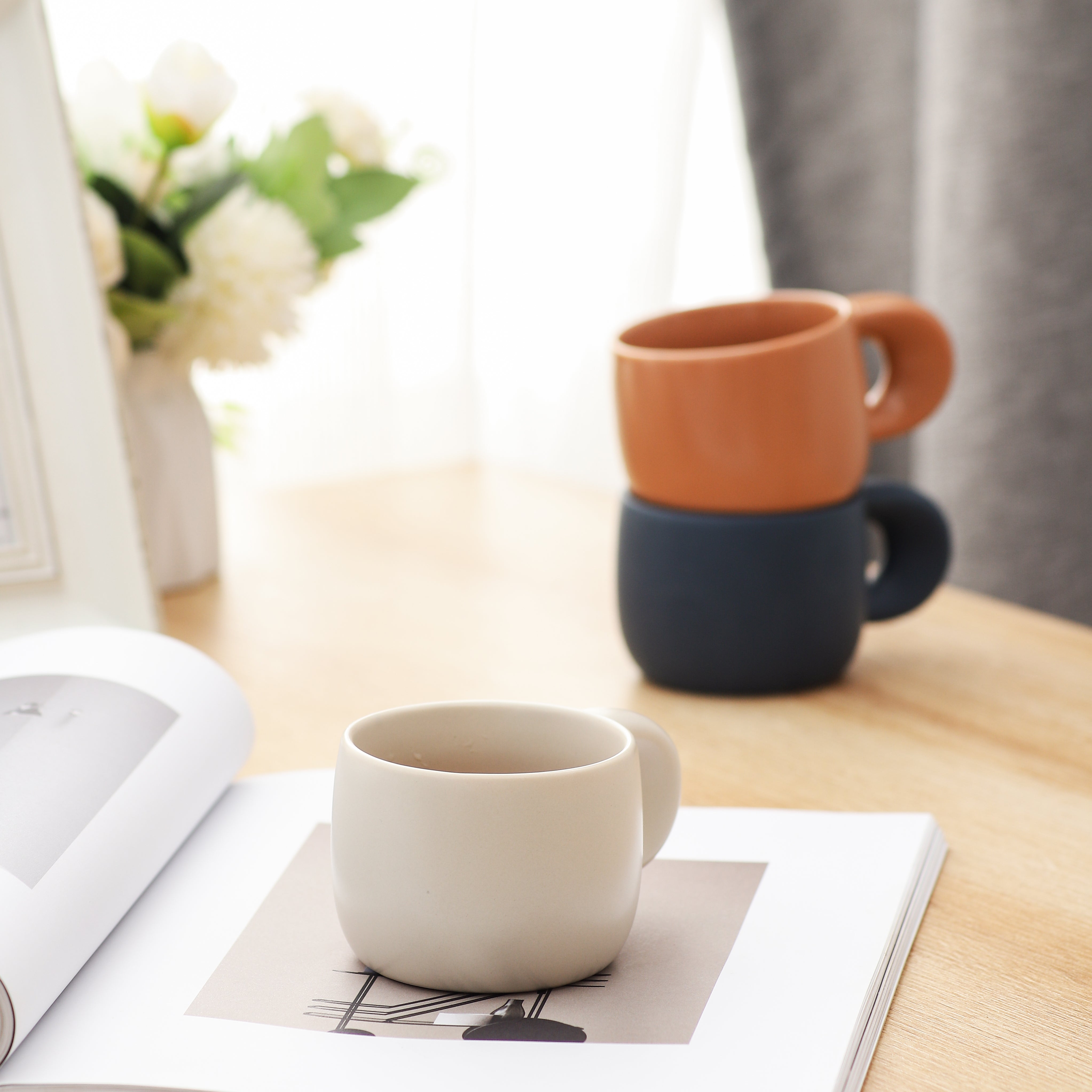 FENN Set of 3 Porcelain Nordic Korean Mug Cup Modern Thick Handle Design Ceramic Coffee Mug 220ml Matte Glazed