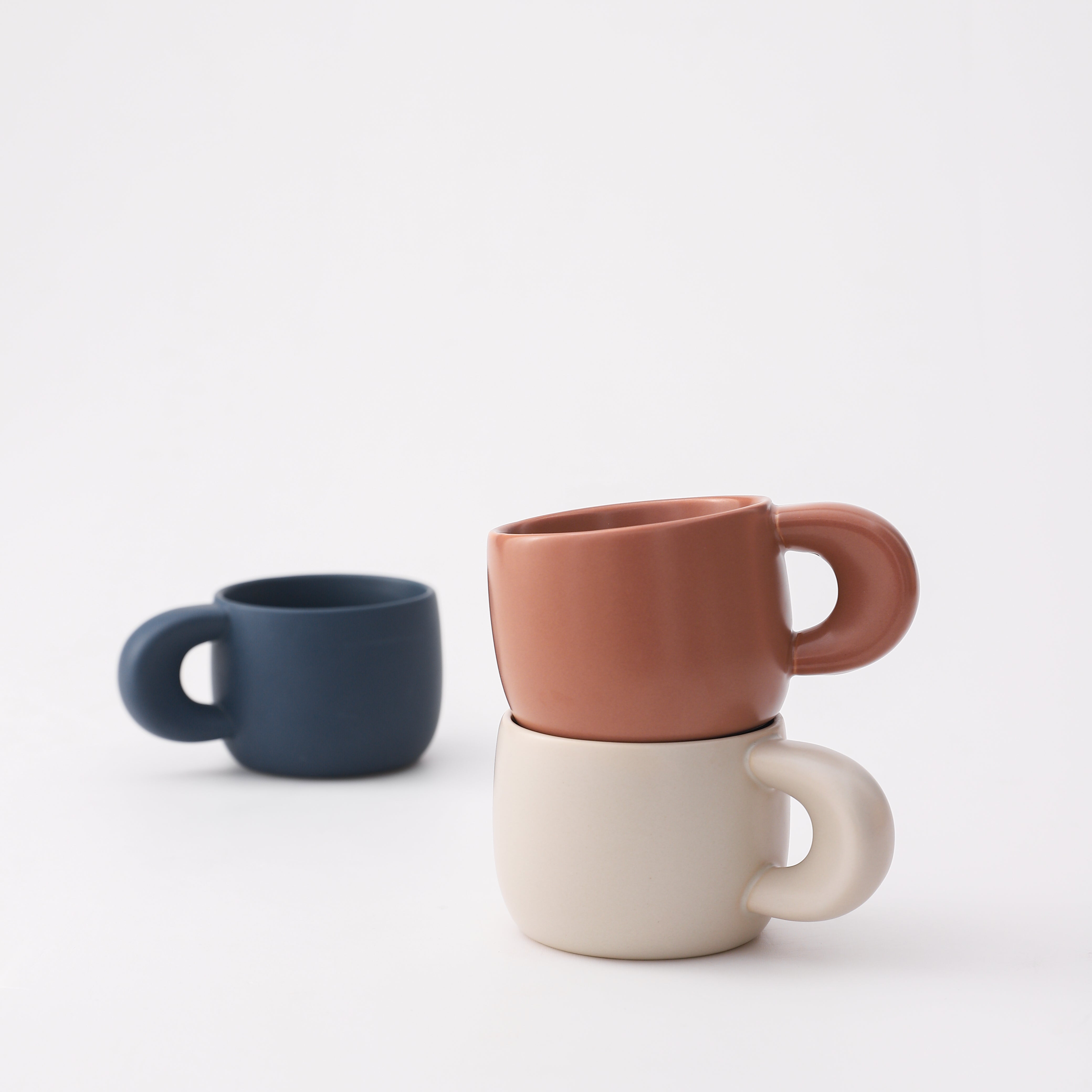FENN Set of 3 Porcelain Nordic Korean Mug Cup Modern Thick Handle Design Ceramic Coffee Mug 220ml Matte Glazed