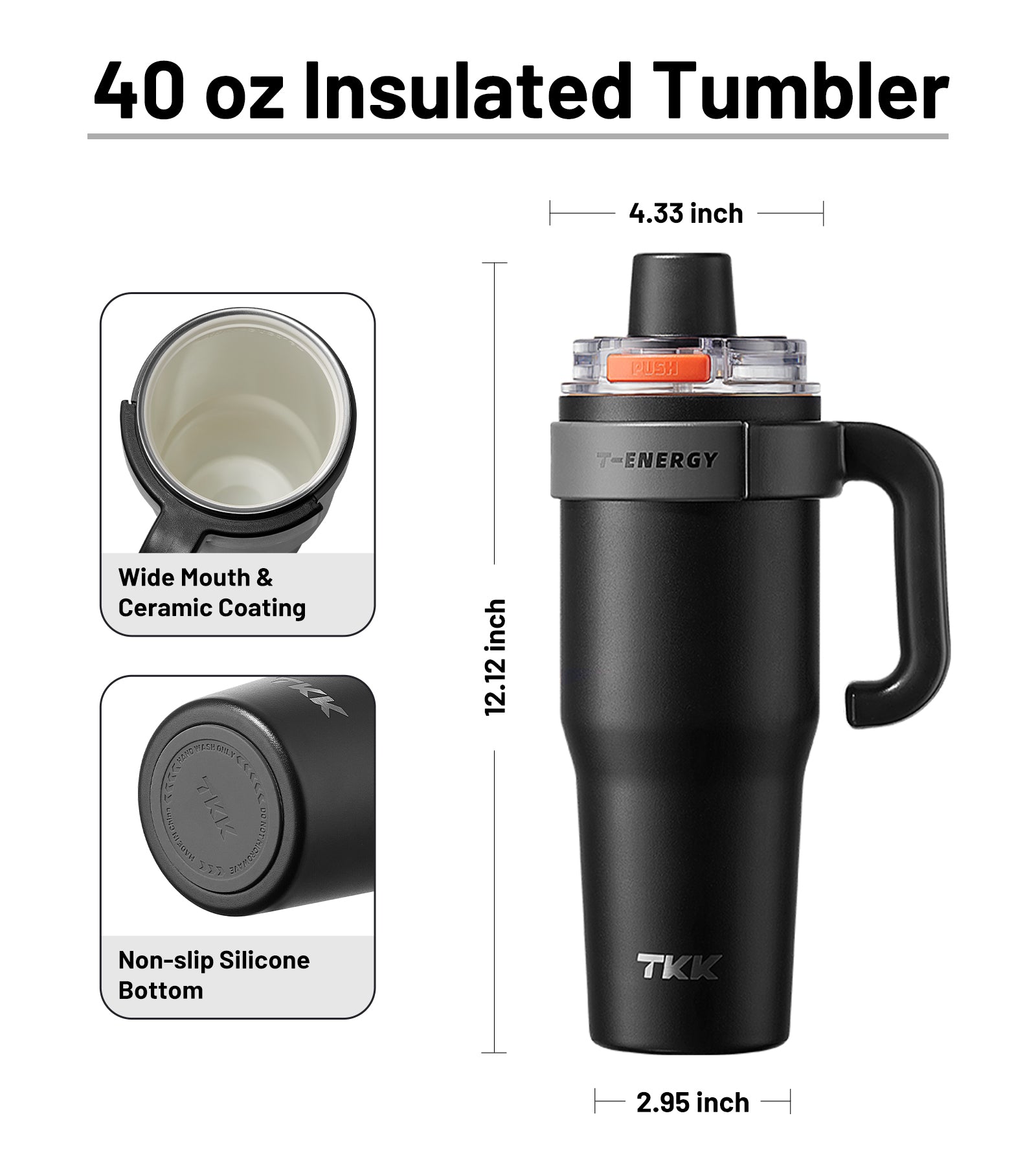 TKK Ceramic Coating Tumbler with Handle, Double Wall Vacuum Bottle With Straw and Lid, Hot for 12hrs and Cold For Up to 24hrs