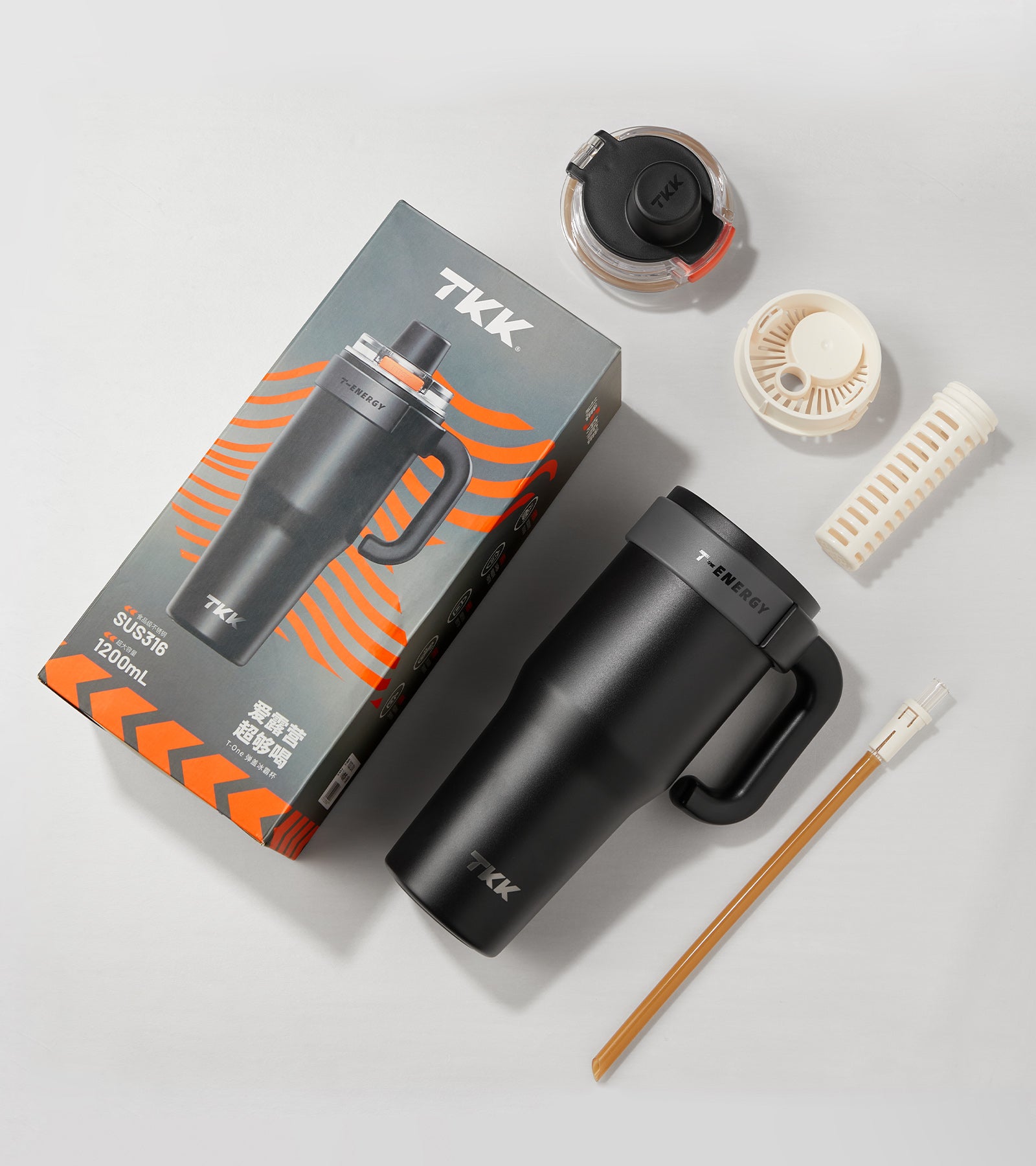 TKK Ceramic Coating Tumbler with Handle, Double Wall Vacuum Bottle With Straw and Lid, Hot for 12hrs and Cold For Up to 24hrs