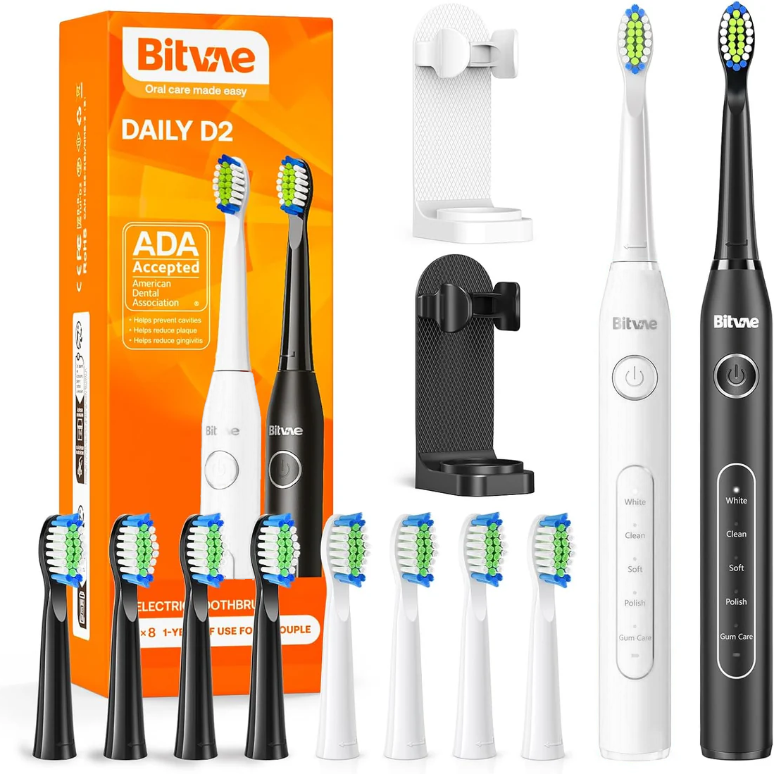Bitvae D2 Bundle 2 Pack Electric Toothbrush Black & White, Ultrasonic with 8 Brush Heads, ADA Accepted