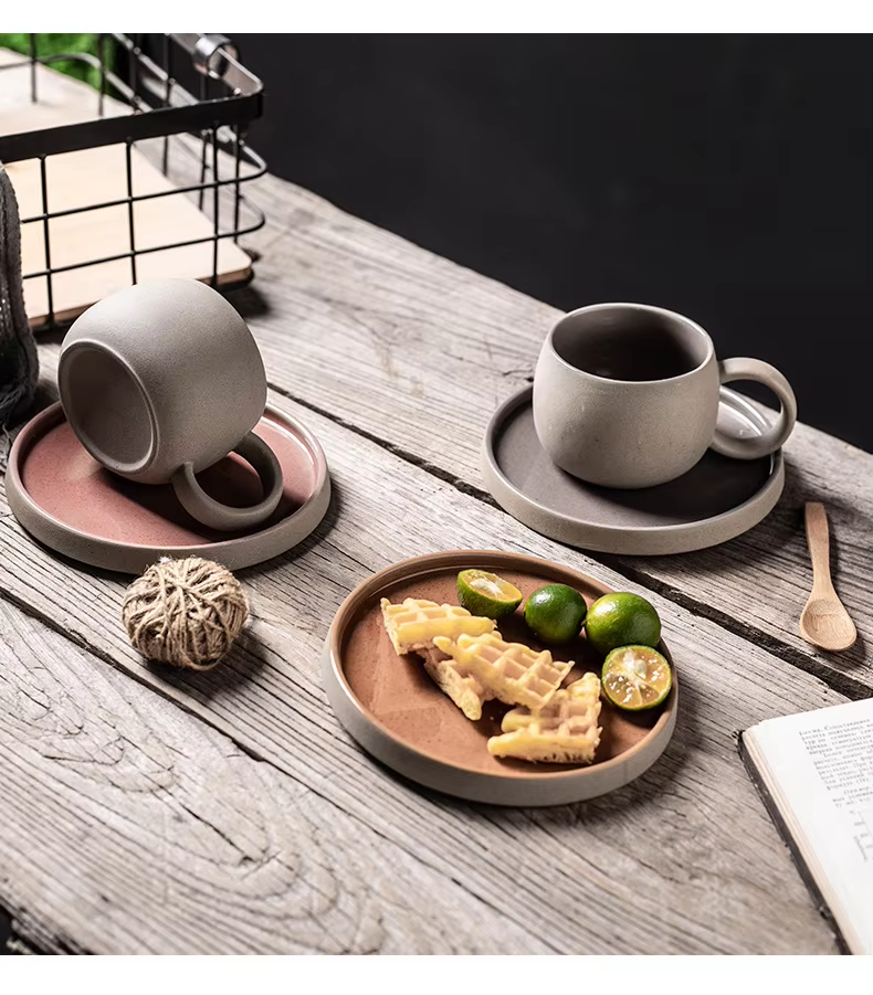 Set of 4 Mugs with Saucer, High Quality Ceramic Matte Glazed Coarse Pottery Style