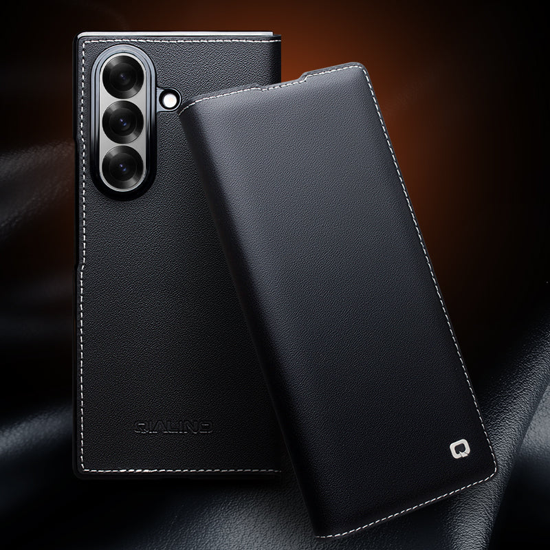 QIALINO Premium Custom Handmade Genuine Leather Full Grain Flip Case with White Stitch for Samsung Galaxy Z Fold7