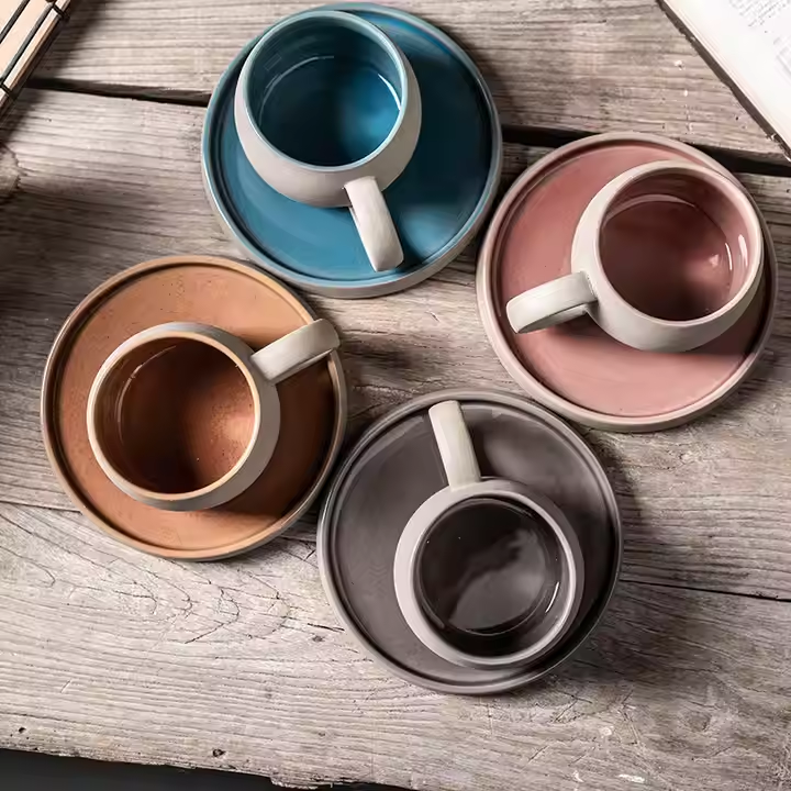 Set of 4 Mugs with Saucer, High Quality Ceramic Matte Glazed Coarse Pottery Style