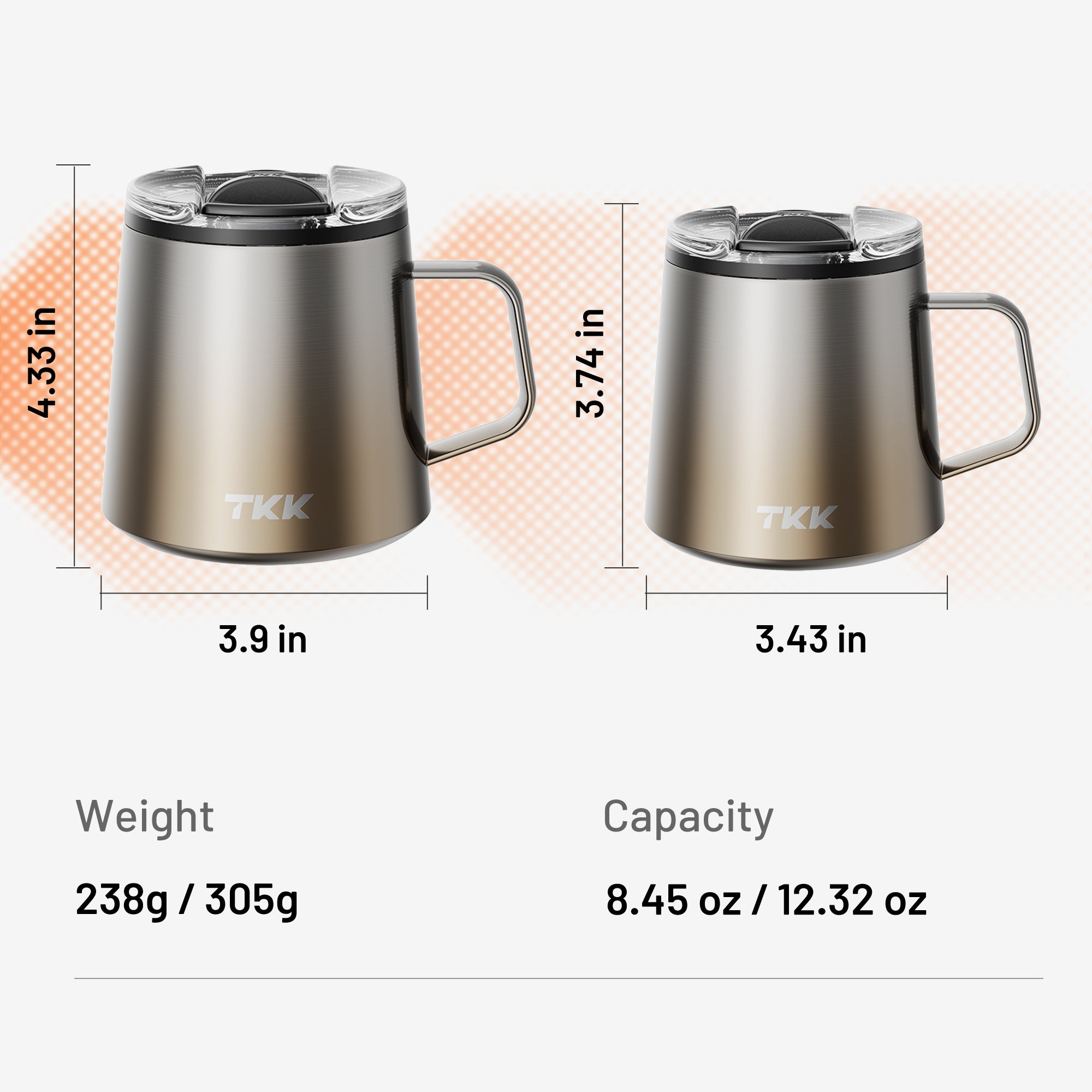 TKK 350ml Insulated Premium Coffee Mug with Ceramic Handle Coating, Detachable Slider Lid, Inner Liner Mug with Lid 316 Stainless Steel