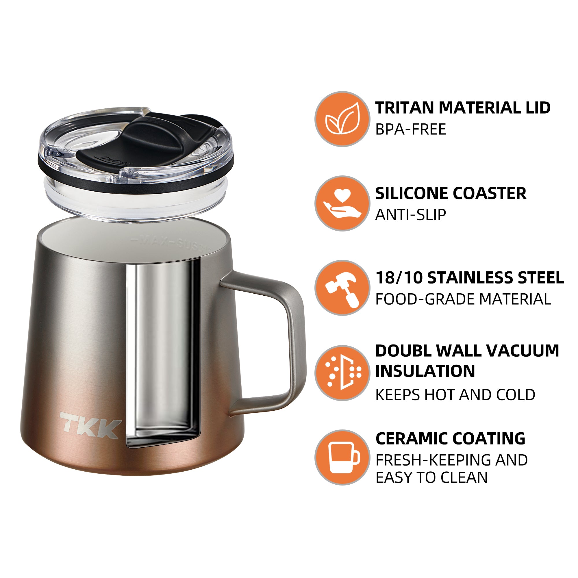 TKK 350ml Insulated Premium Coffee Mug with Ceramic Handle Coating, Detachable Slider Lid, Inner Liner Mug with Lid 316 Stainless Steel