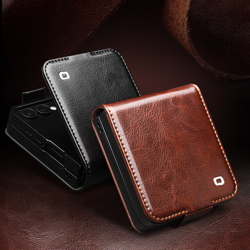 QIALINO Premium Custom Handmade Genuine Leather Fold Style Brown for Samsung Galaxy Z Flip7