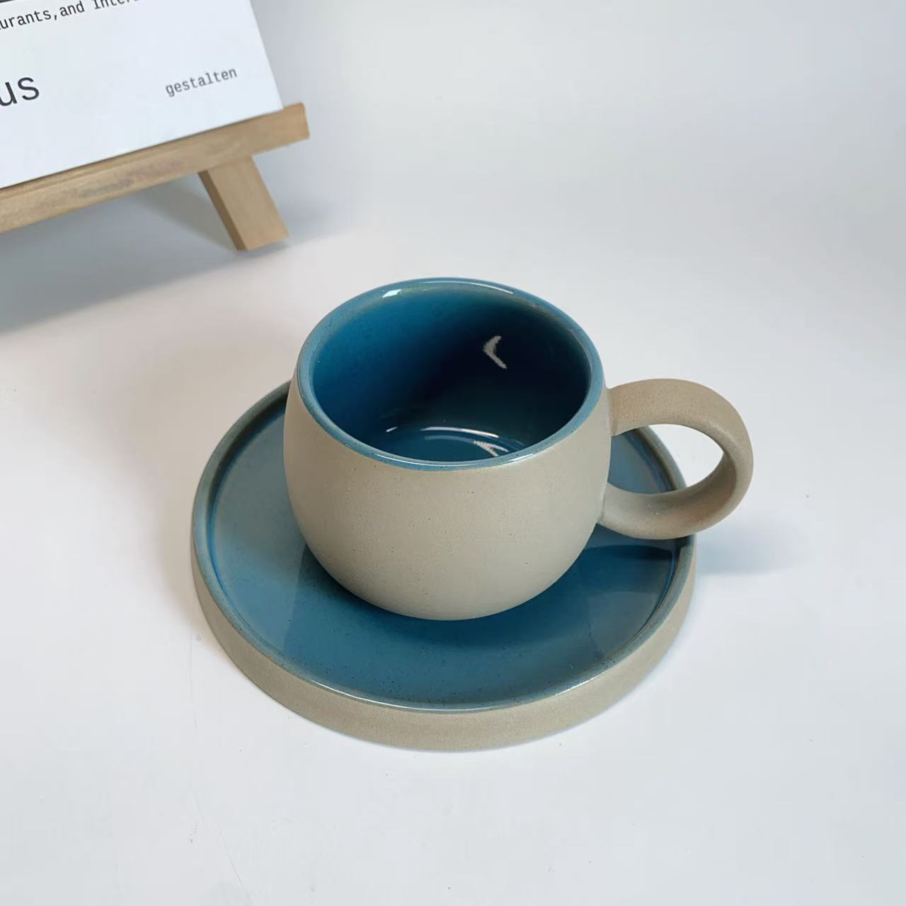 Set of 4 Mugs with Saucer, High Quality Ceramic Matte Glazed Coarse Pottery Style