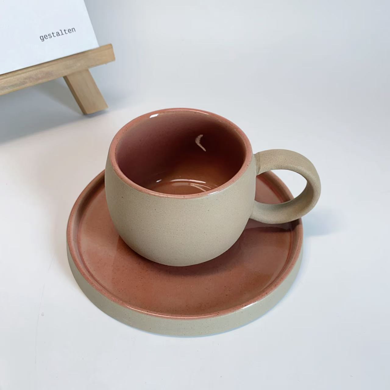 Set of 4 Mugs with Saucer, High Quality Ceramic Matte Glazed Coarse Pottery Style