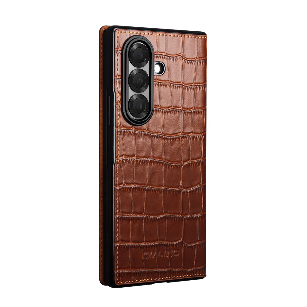 QIALINO Premium Custom Handmade Genuine Leather Alligator Grain Flip Case Brown for Samsung Galaxy Z Fold7