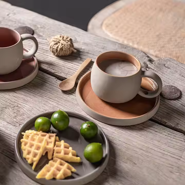 Set of 4 Mugs with Saucer, High Quality Ceramic Matte Glazed Coarse Pottery Style