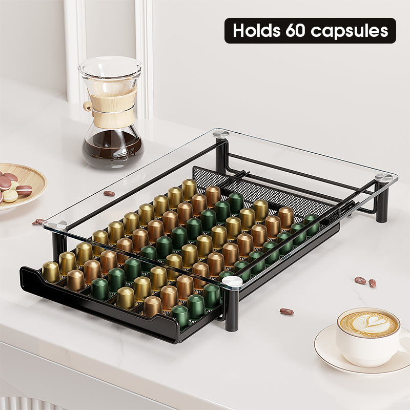 Coffee Pod Crystal Tempered Glass with Drawer Holder for Nespresso Capsules : Holds 60 Capsules