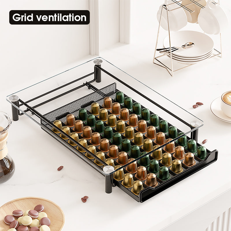 Coffee Pod Crystal Tempered Glass with Drawer Holder for Nespresso Capsules : Holds 60 Capsules
