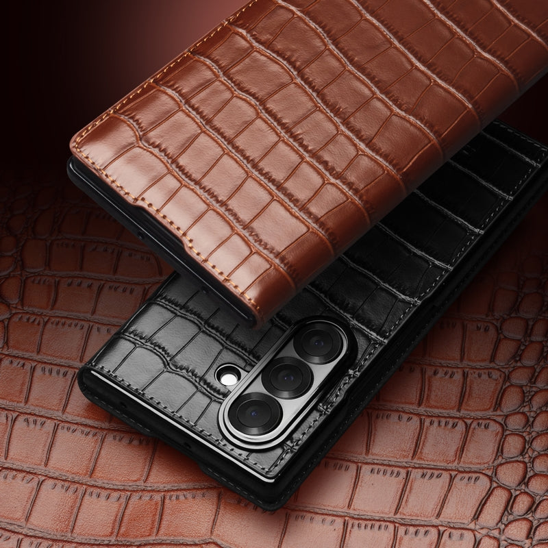 QIALINO Premium Custom Handmade Genuine Leather Alligator Grain Flip Case Black for Samsung Galaxy Z Fold7