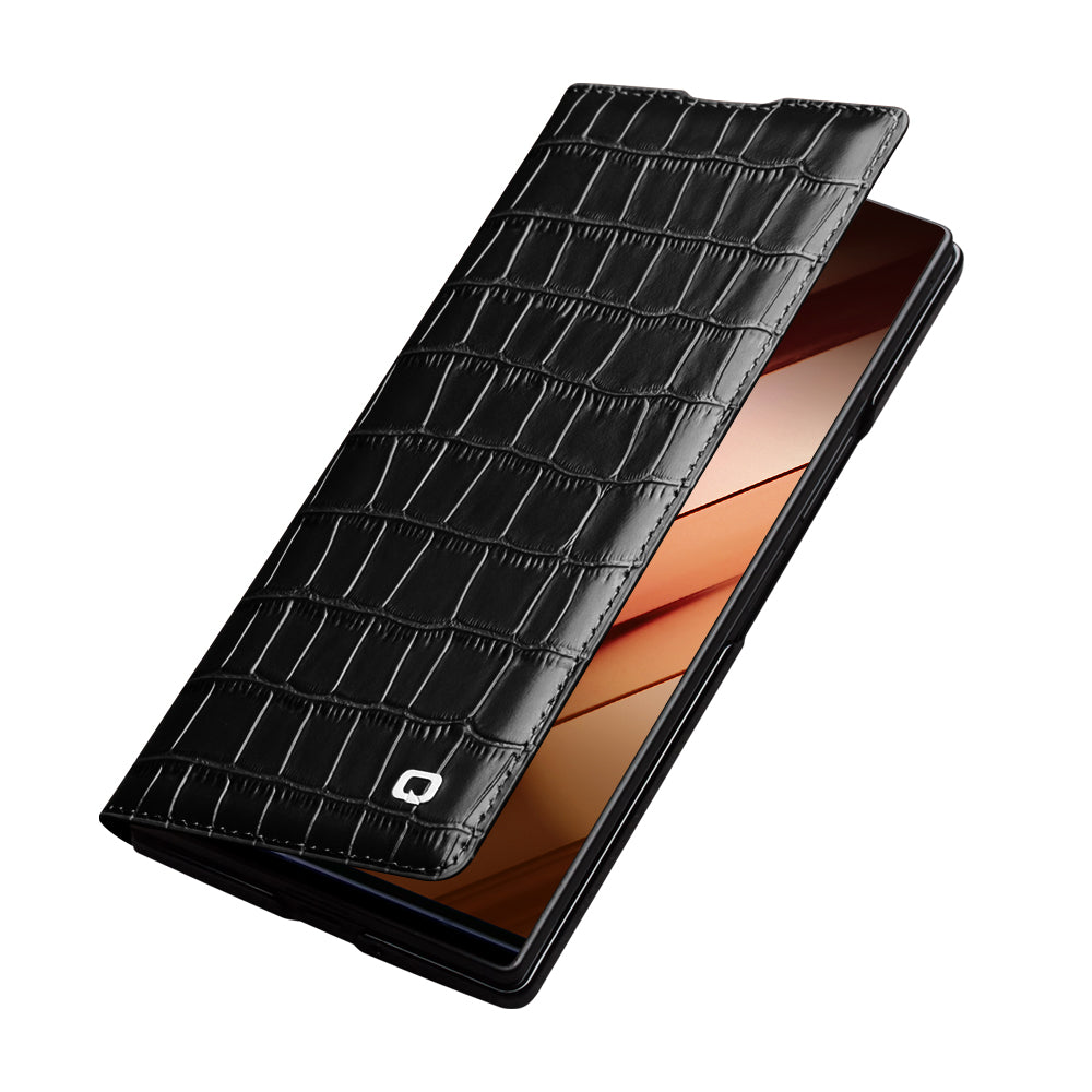 QIALINO Premium Custom Handmade Genuine Leather Alligator Grain Flip Case Black for Samsung Galaxy Z Fold7