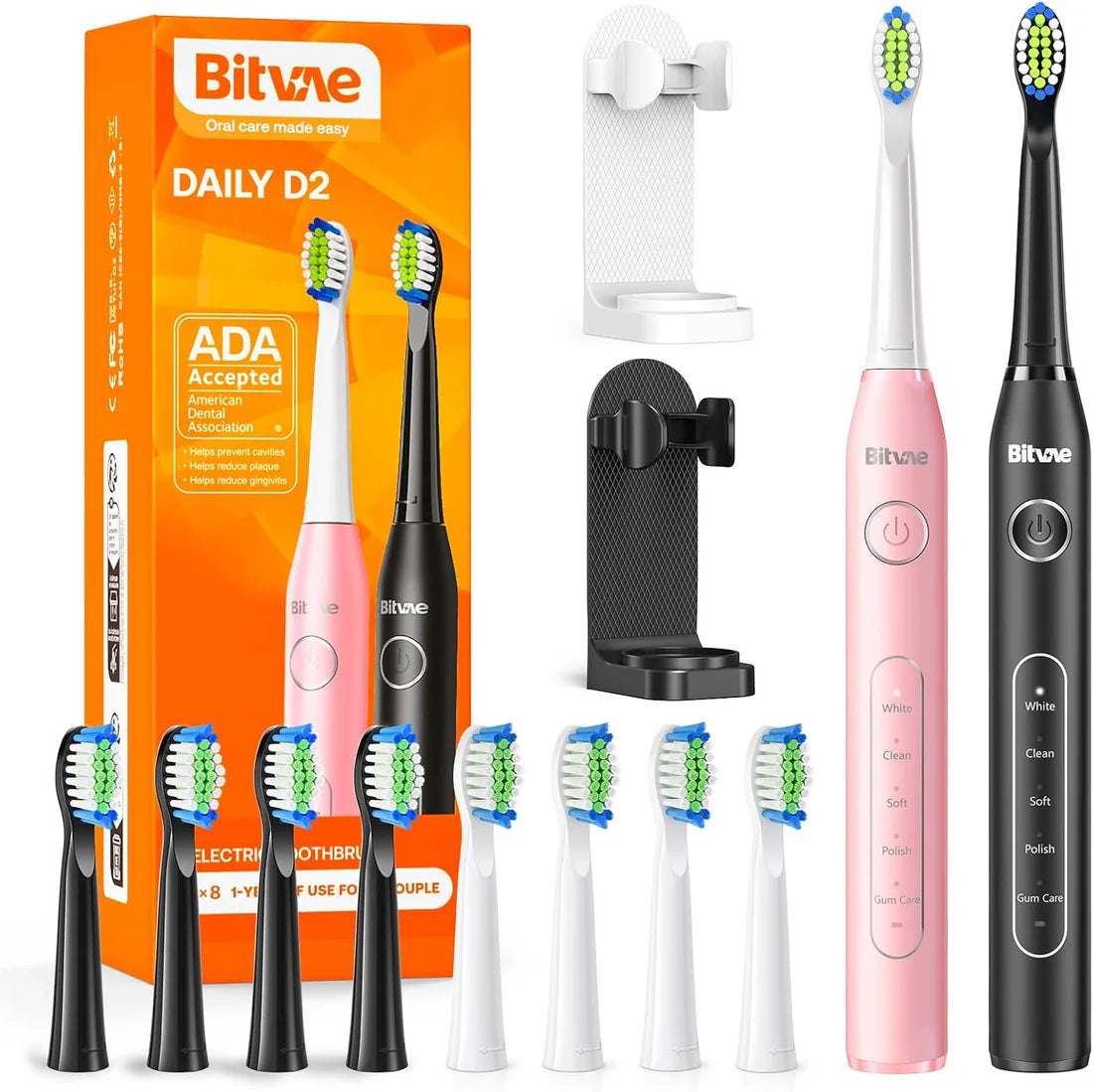 Bitvae D2 Bundle 2 Pack Electric Toothbrush Black & Pink, Ultrasonic with 8 Brush Heads, ADA Accepted