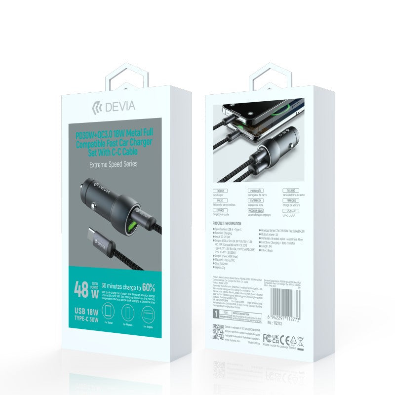 Devia Extreme Speed Series PD30W+QC3.0 18W Metal Full Compatible Fast Car Charger Set With C-C Cable Black