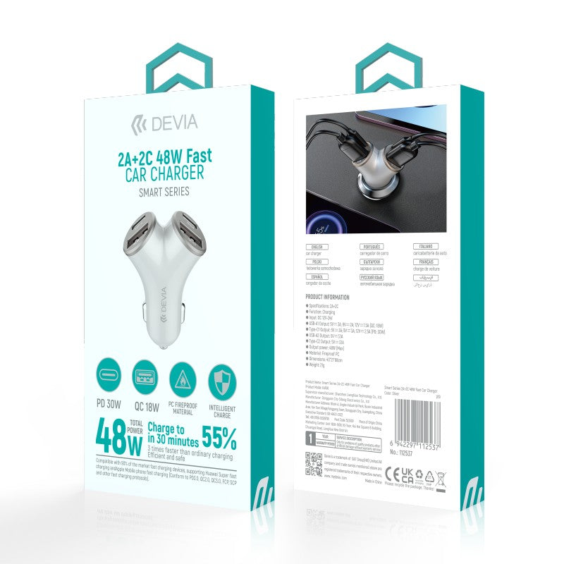 Devia Smart Series 2A+2C 48W Fast Car Charger Silver