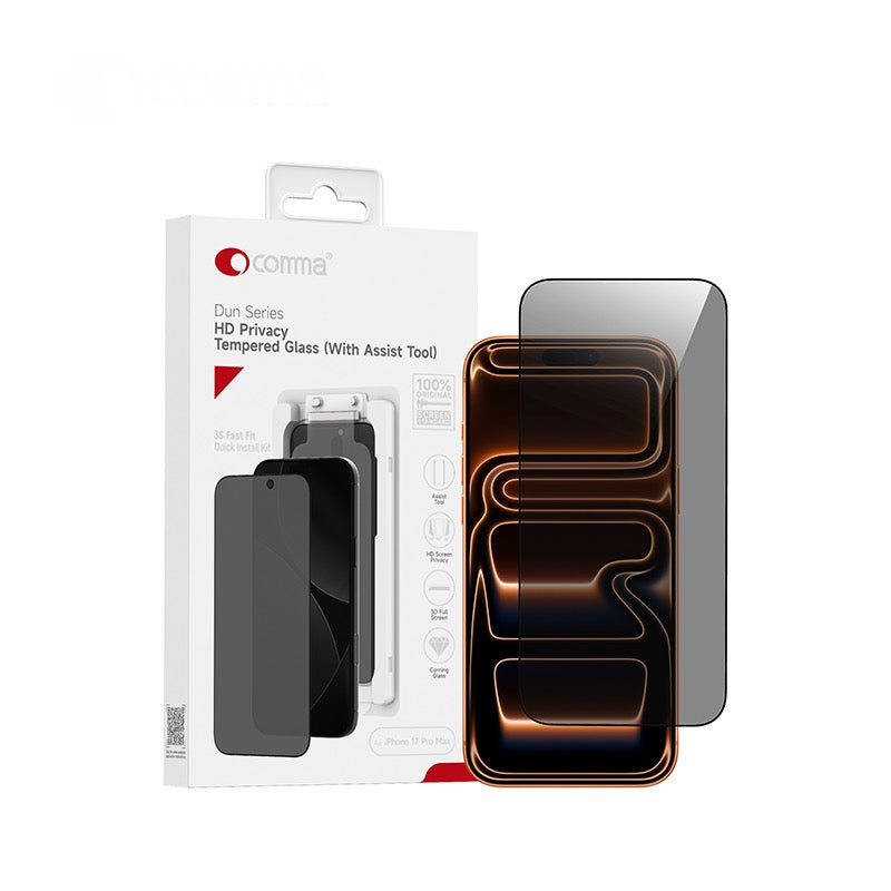 Comma Dun Series Privacy Tempered Glass (With Assist Tool) for iPhone 17 Pro Max